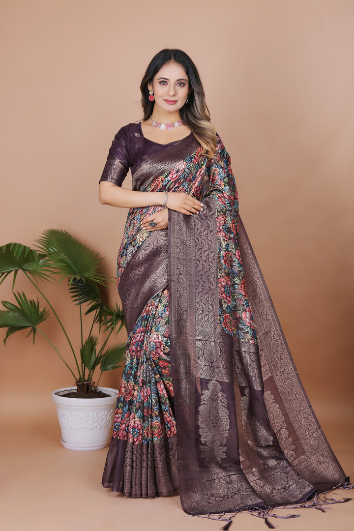 Charcoal Blossom Balbari Saree with Digital Floral Print & Grand Zahlari Jacquard Pallu