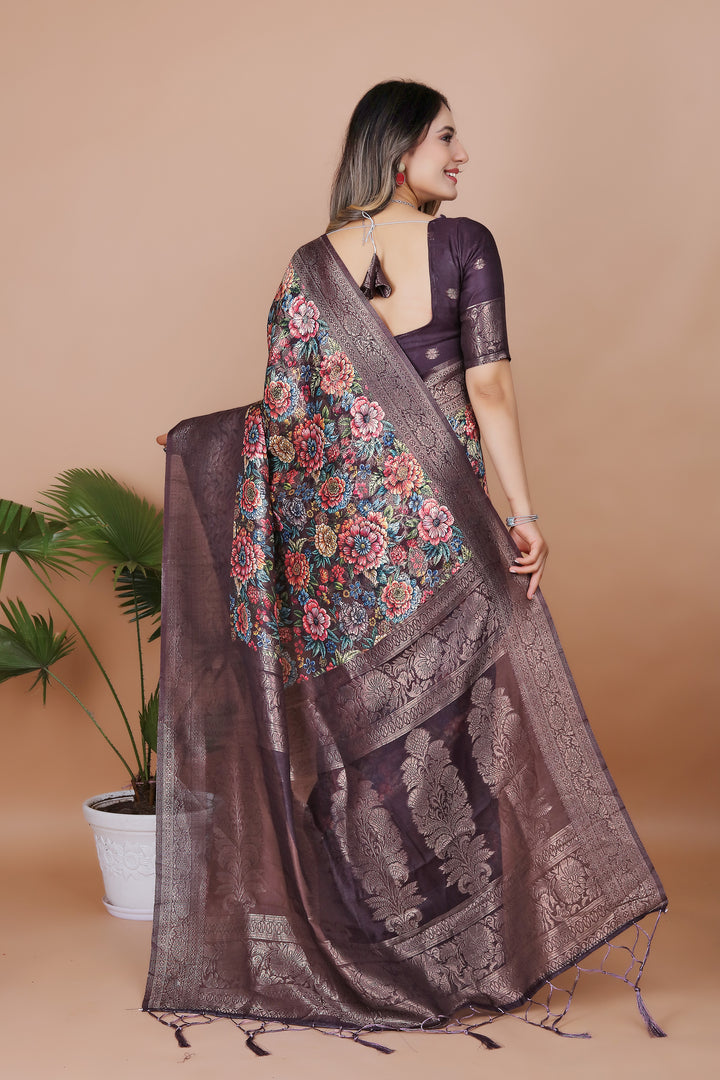 Charcoal Blossom Balbari Saree with Digital Floral Print & Grand Zahlari Jacquard Pallu