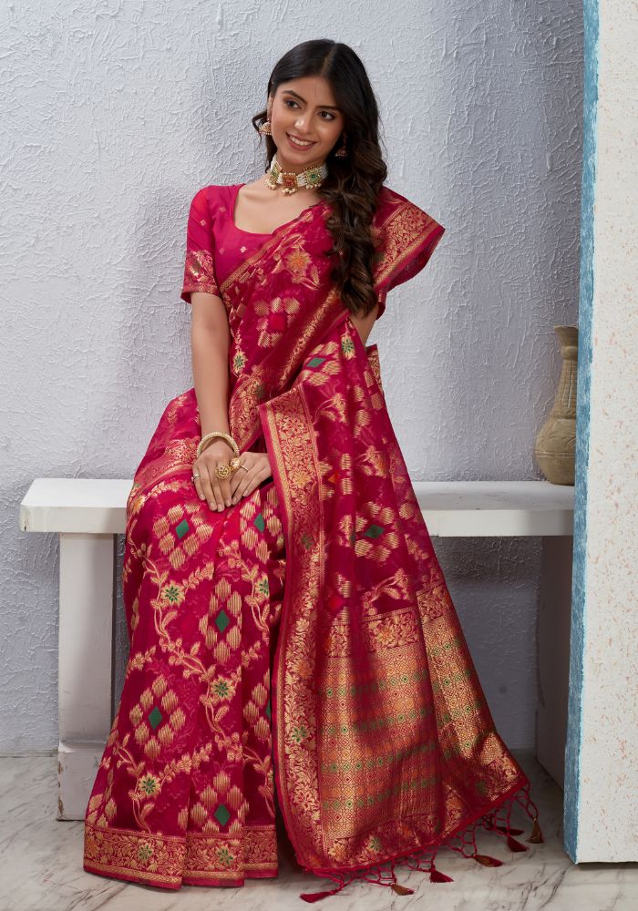 Majestic Ruby Orgenza Naylon Saree with Deluxe Zahlari and Jacquard Weave