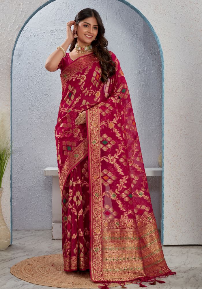 Majestic Ruby Orgenza Naylon Saree with Deluxe Zahlari and Jacquard Weave