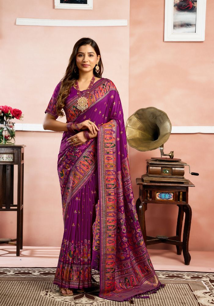 Royal Amethyst Naylon Pashmina Saree with Exquisite Zahlari & Jacquard Detailing