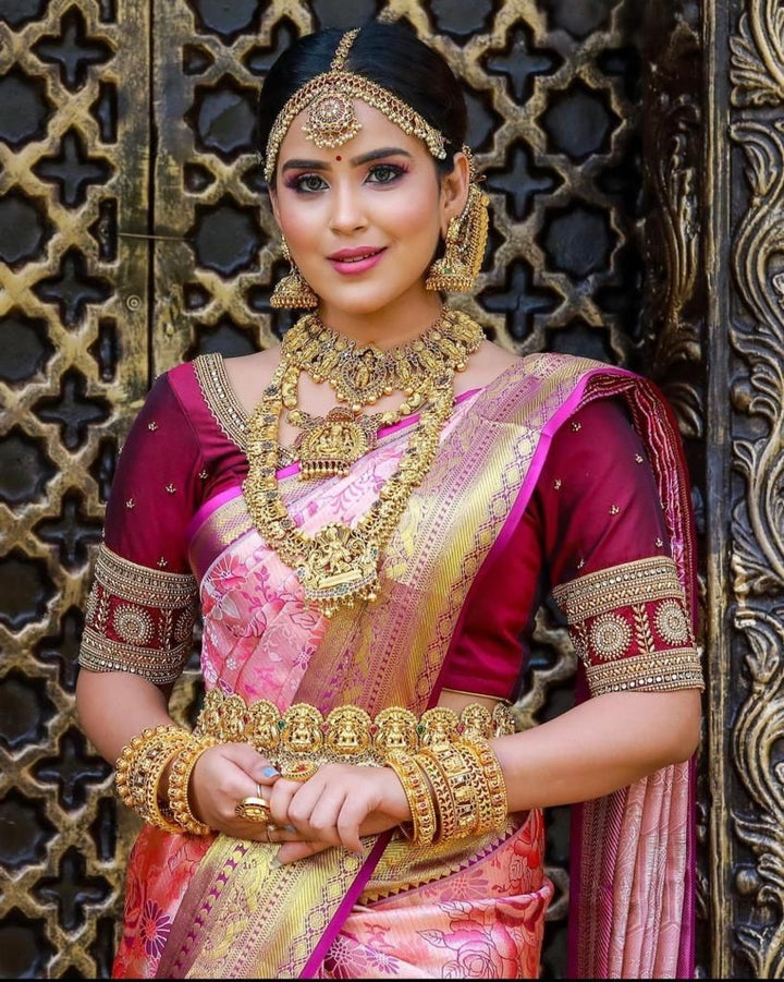 Peach Royale Zari Weave Silk Saree with Ornate Magenta Jacquard & Bridal Blouse
