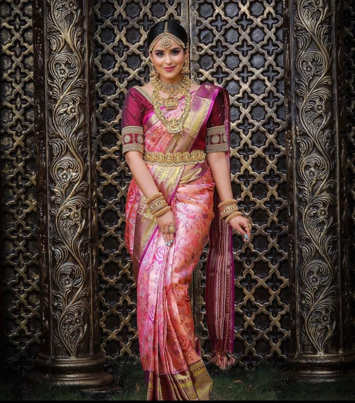 Peach Royale Zari Weave Silk Saree with Ornate Magenta Jacquard & Bridal Blouse