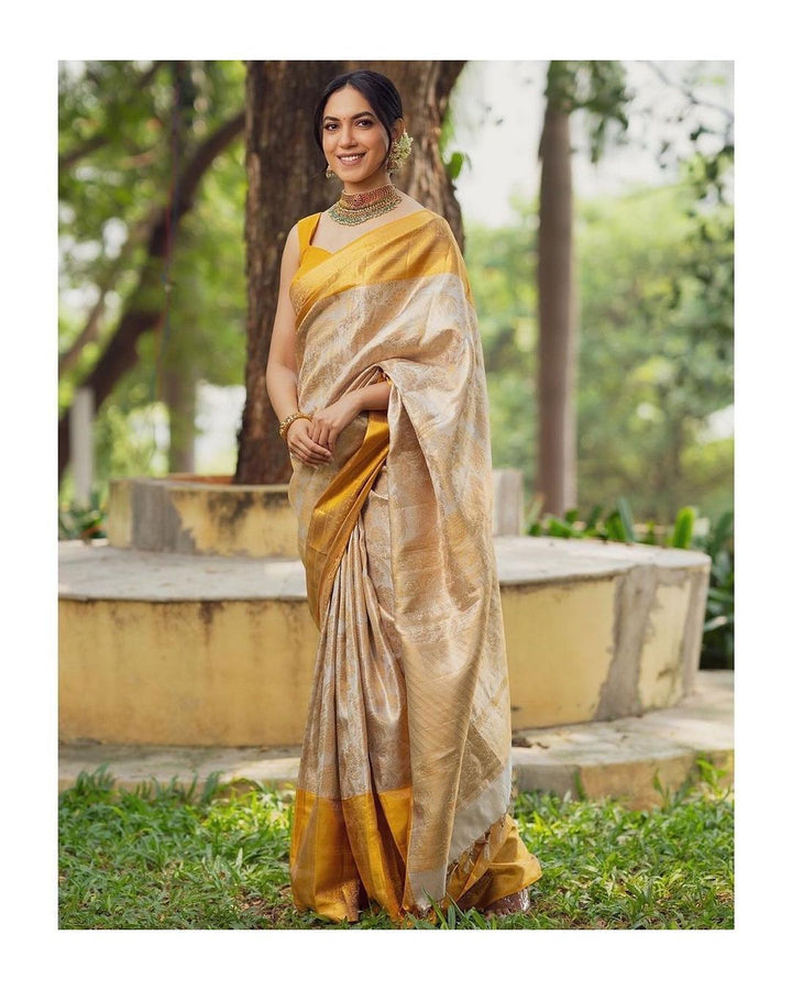 Sunlit Ivory Soft Lichi Silk Saree with Golden Jacquard Pallu & Luxe Border Blouse